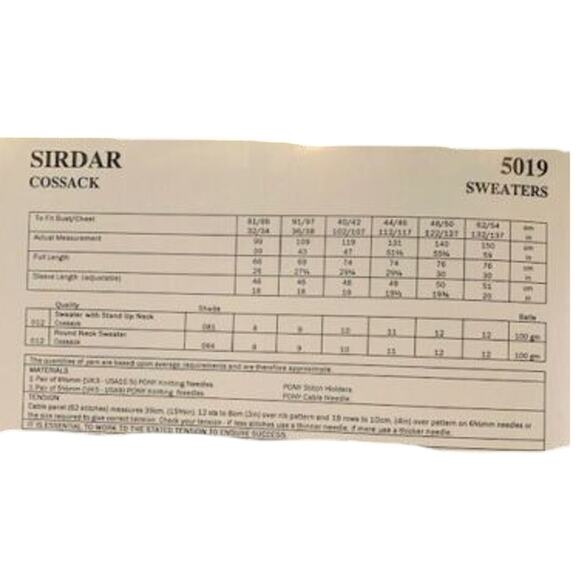 New Sirdar 5019 Cossack Sweater His Her Knitting Pattern w Larger Sizes - Picture 3 of 3